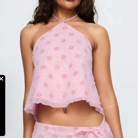 New open back Pink Floral Halter 2pc set size Small, but fits like a size M - Picture 2 of 14